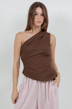 BROWN ASYMMETRICAL ONE SHOULDER LINEN TOP