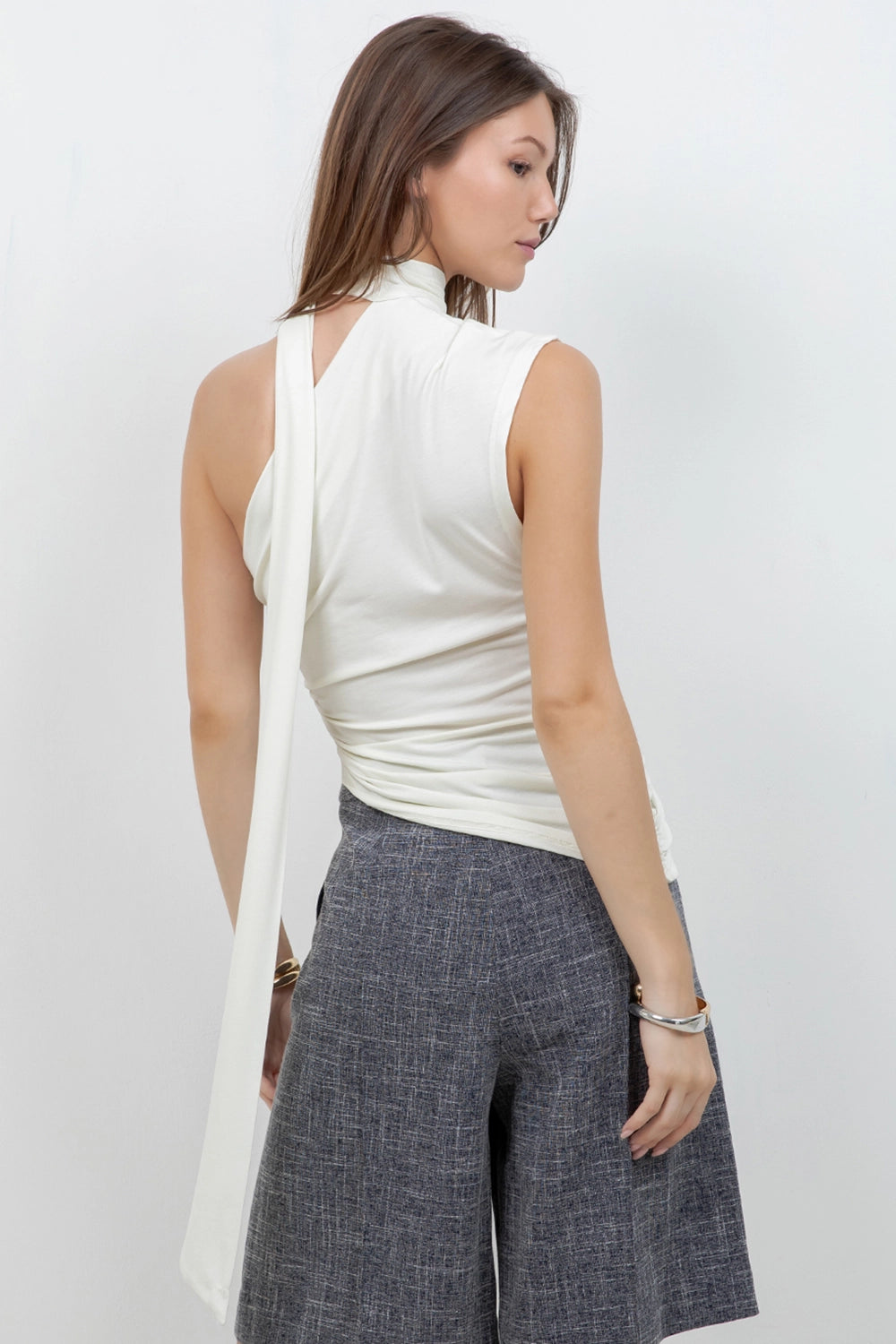 IVORY SOFT KNIT ASYMMETRICAL TOP WITH WRAP AROUND SCARF