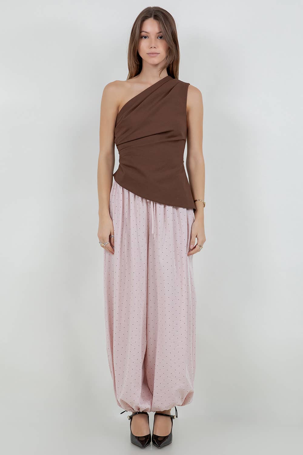 BROWN ASYMMETRICAL ONE SHOULDER LINEN TOP