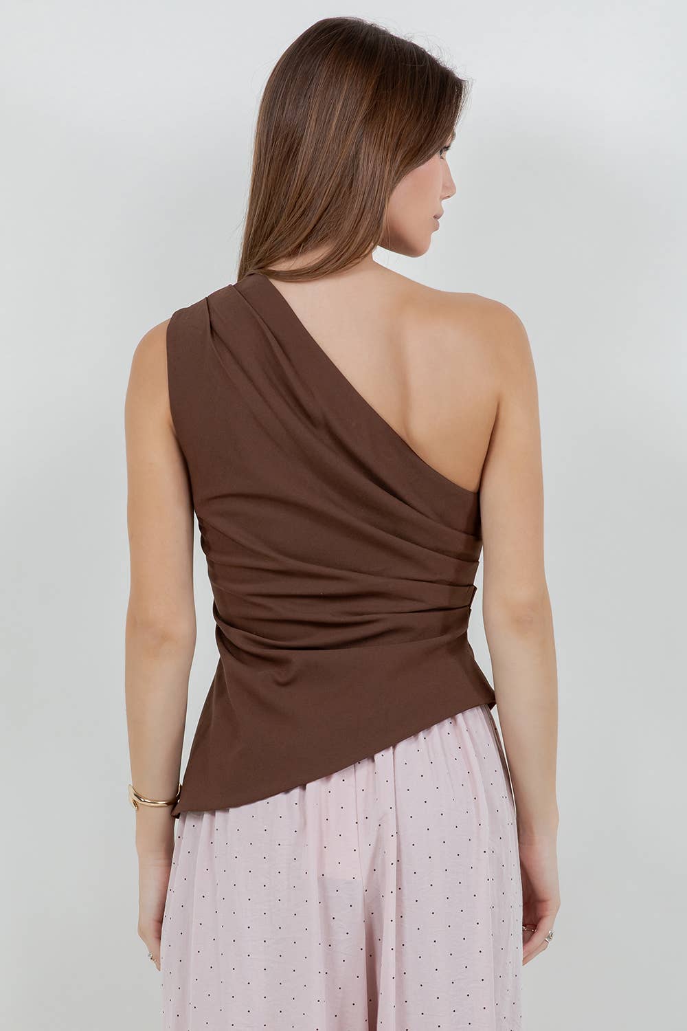 BROWN ASYMMETRICAL ONE SHOULDER LINEN TOP