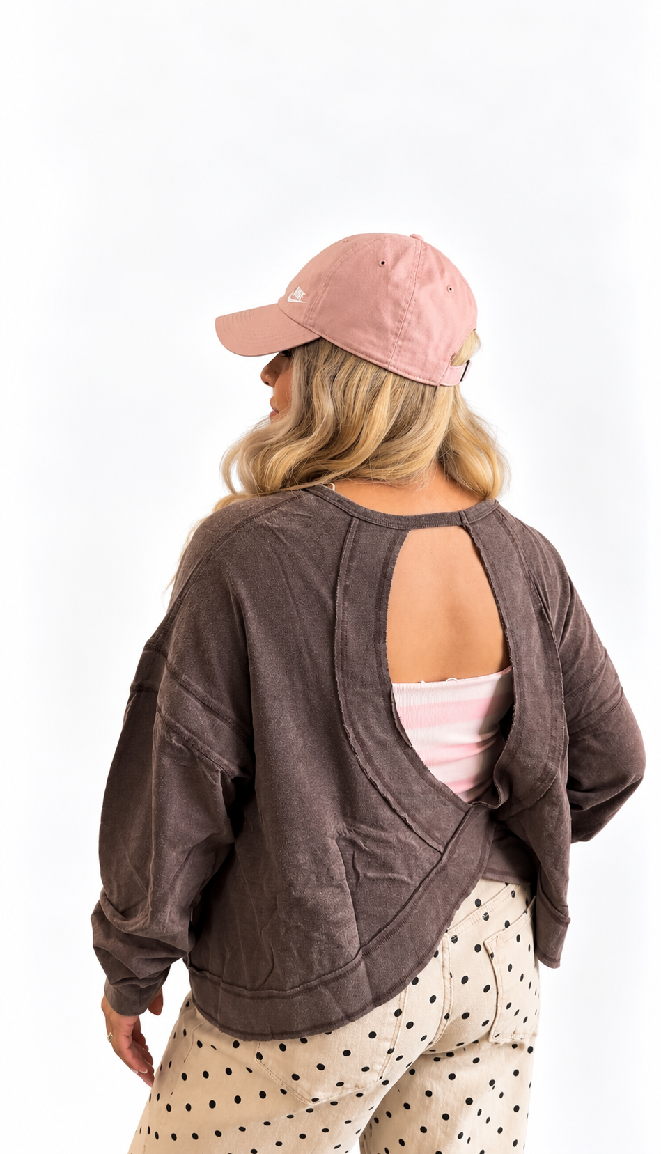 Brown Cross Detail Open Back Long-Sleeve Top