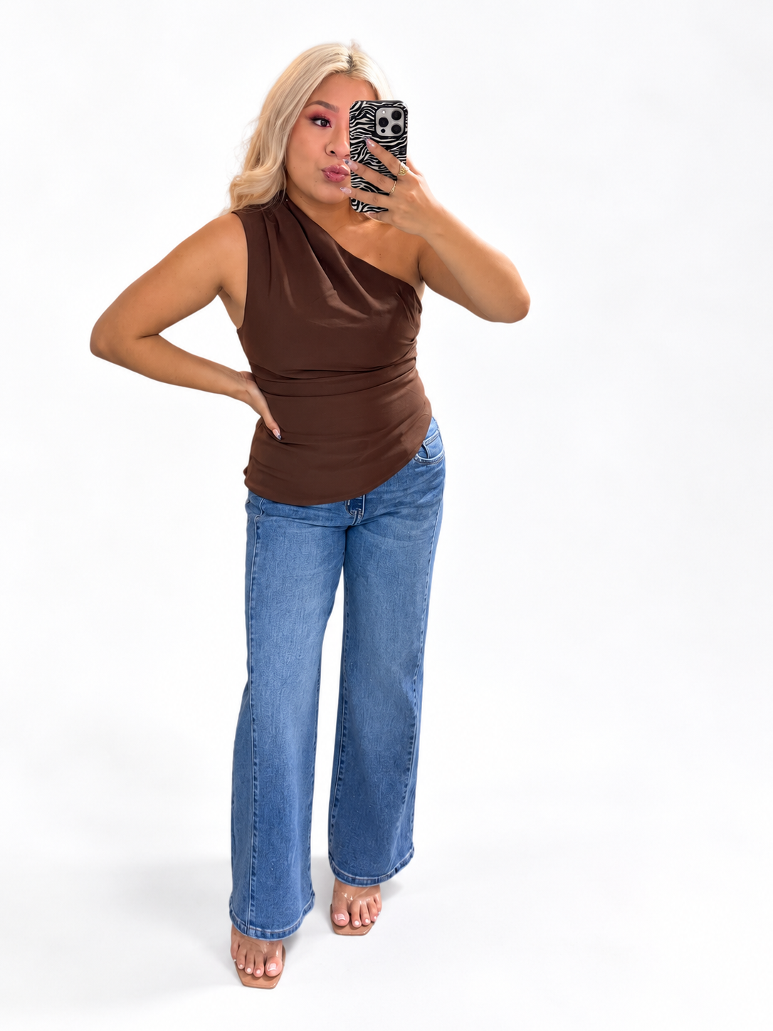 BROWN ASYMMETRICAL ONE SHOULDER LINEN TOP