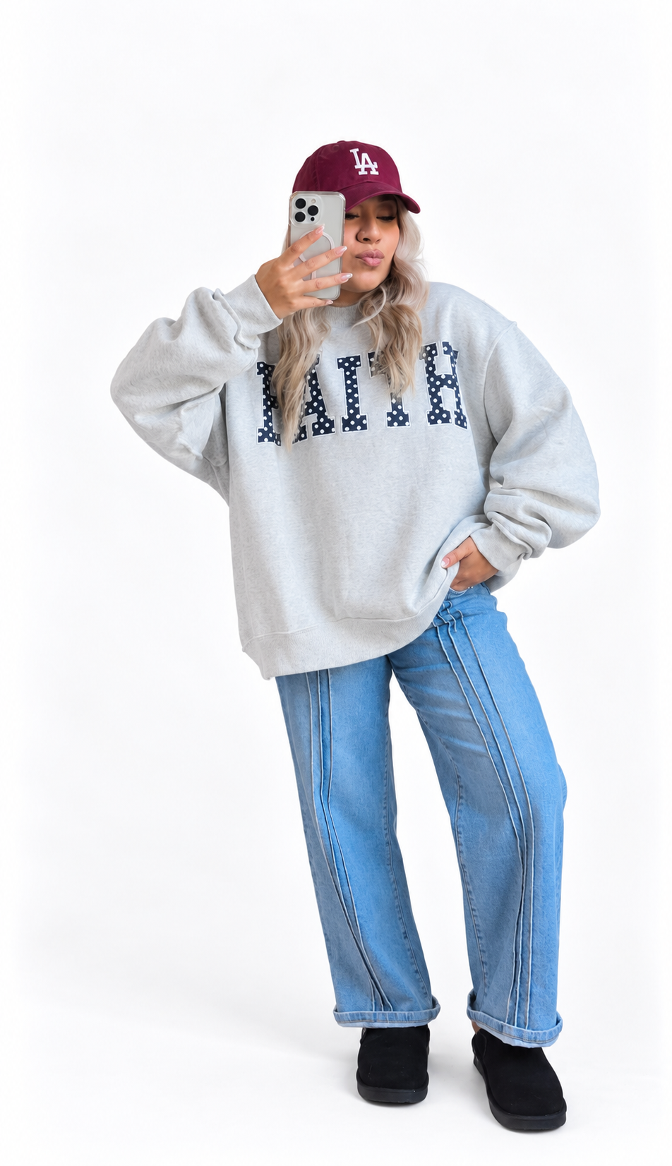 FAITH | Embroidered Polka-Dot Mock Neck Sweatshirt