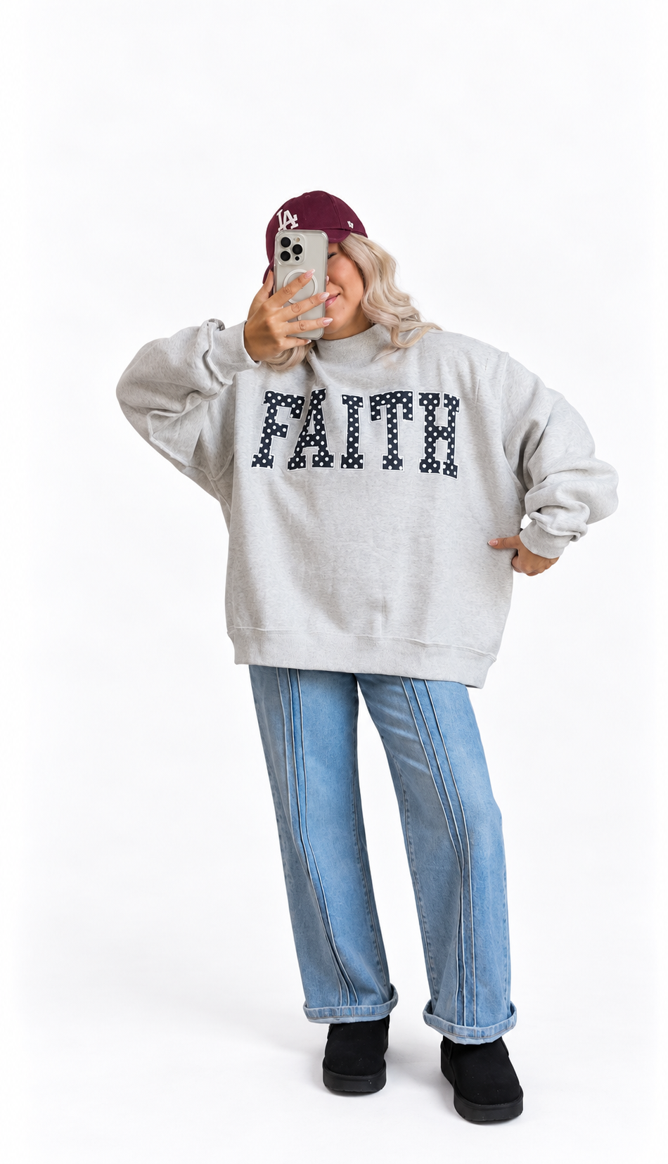 FAITH | Embroidered Polka-Dot Mock Neck Sweatshirt