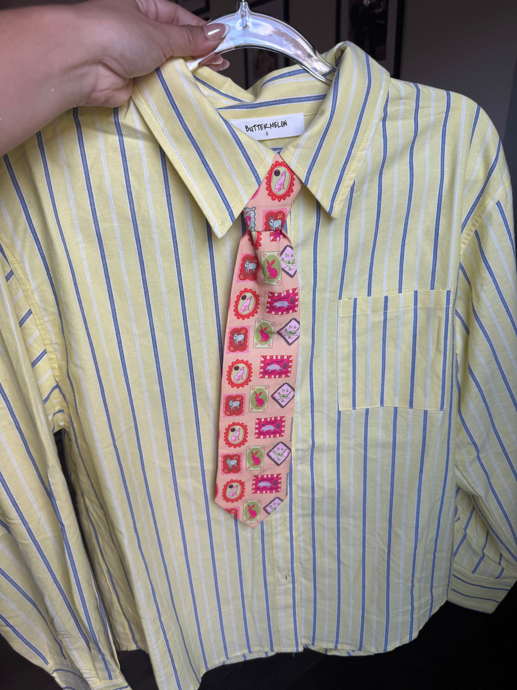 Lemon Yellow Striped Long-Sleeve Button-Up Shirt with Jack Rabbit Tie