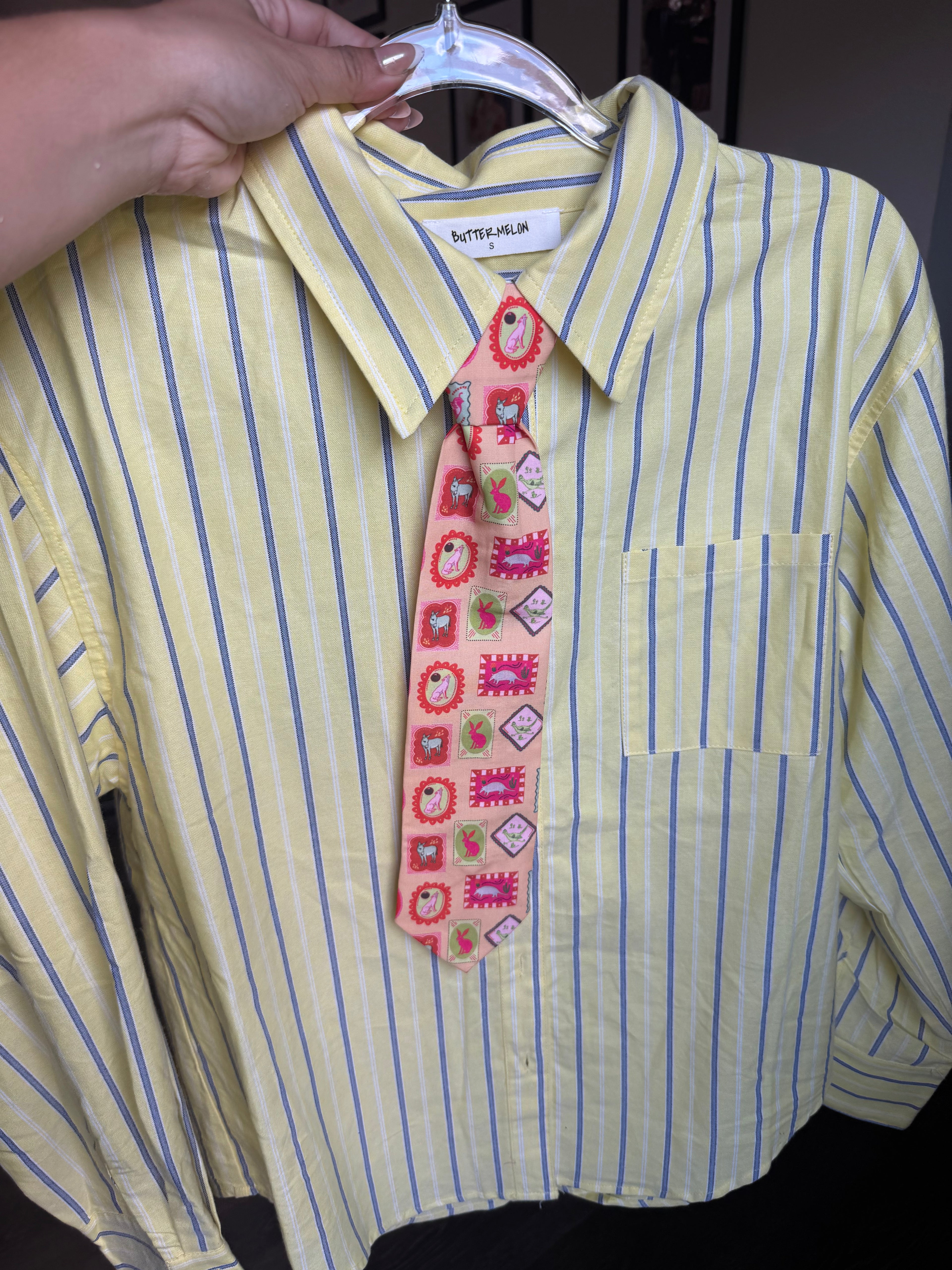 Lemon Yellow Striped Long-Sleeve Button-Up Shirt with Jack Rabbit Tie