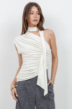 IVORY SOFT KNIT ASYMMETRICAL TOP WITH WRAP AROUND SCARF